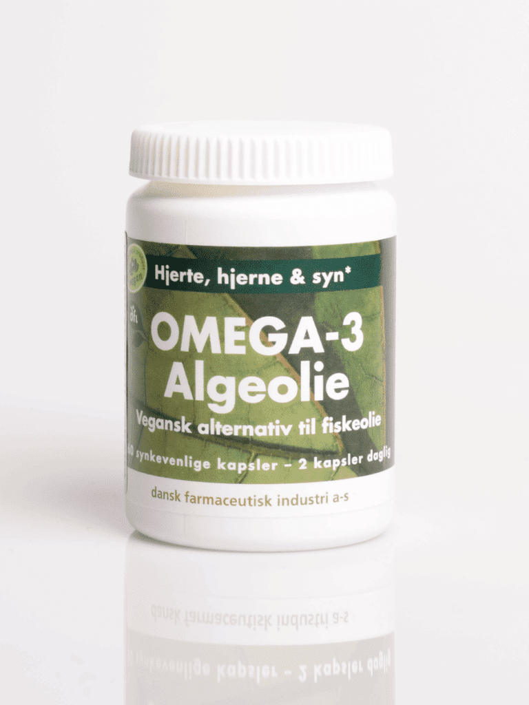Weiße Kapseldose mit grünem Etikett Omega-3 Algenöl, vegane Alternative zu Fischöl für Herz, Gehirn und Sehkraft