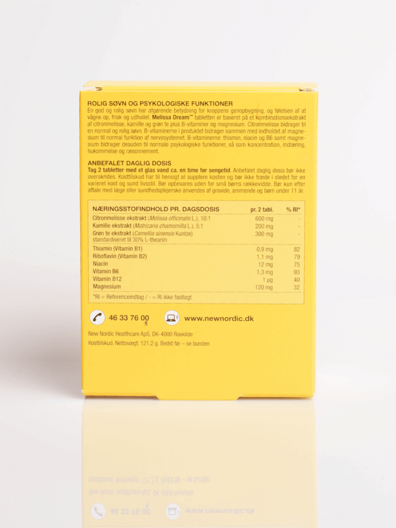 Gelbe Verpackung mit Nährwertangaben, Tagesdosierung und New Nordic Logo