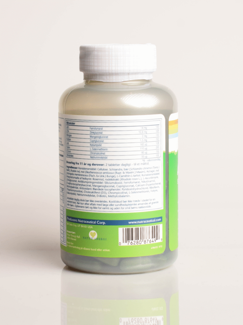 Dose mit weißem Schraubdeckel, grünem Etikett, Nährwertangaben und Barcode