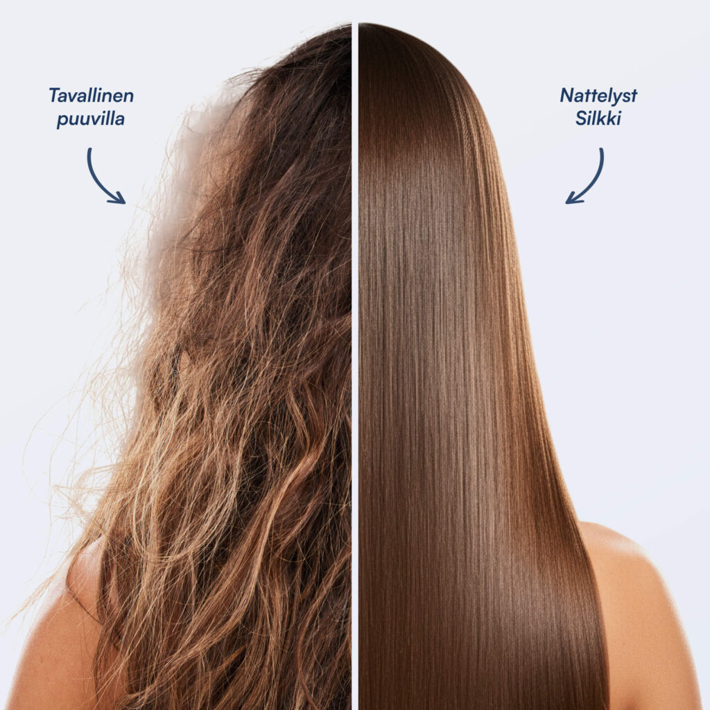 Links krauses, trockenes Haar, rechts seidig-glattes, glänzendes Haar – Vorher-Nachher-Vergleich