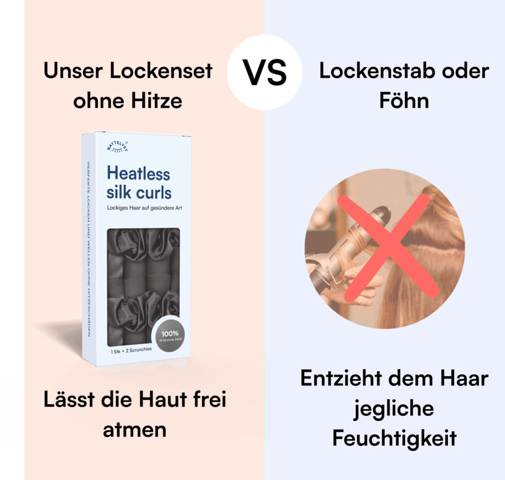 Vergleich: Heatless silk curls Lockenset links, rechts ein durchgestrichener Lockenstab