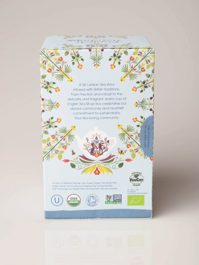 Pastellfarbene Energise Me Teepackung mit Blumenillustration, Produktbeschreibung und Bio-Zertifizierungslogos