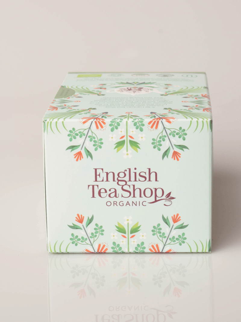 English Tea Shop Bio-Teepackung in Mintgrün mit Blumenillustrationen und dekorativem Branding