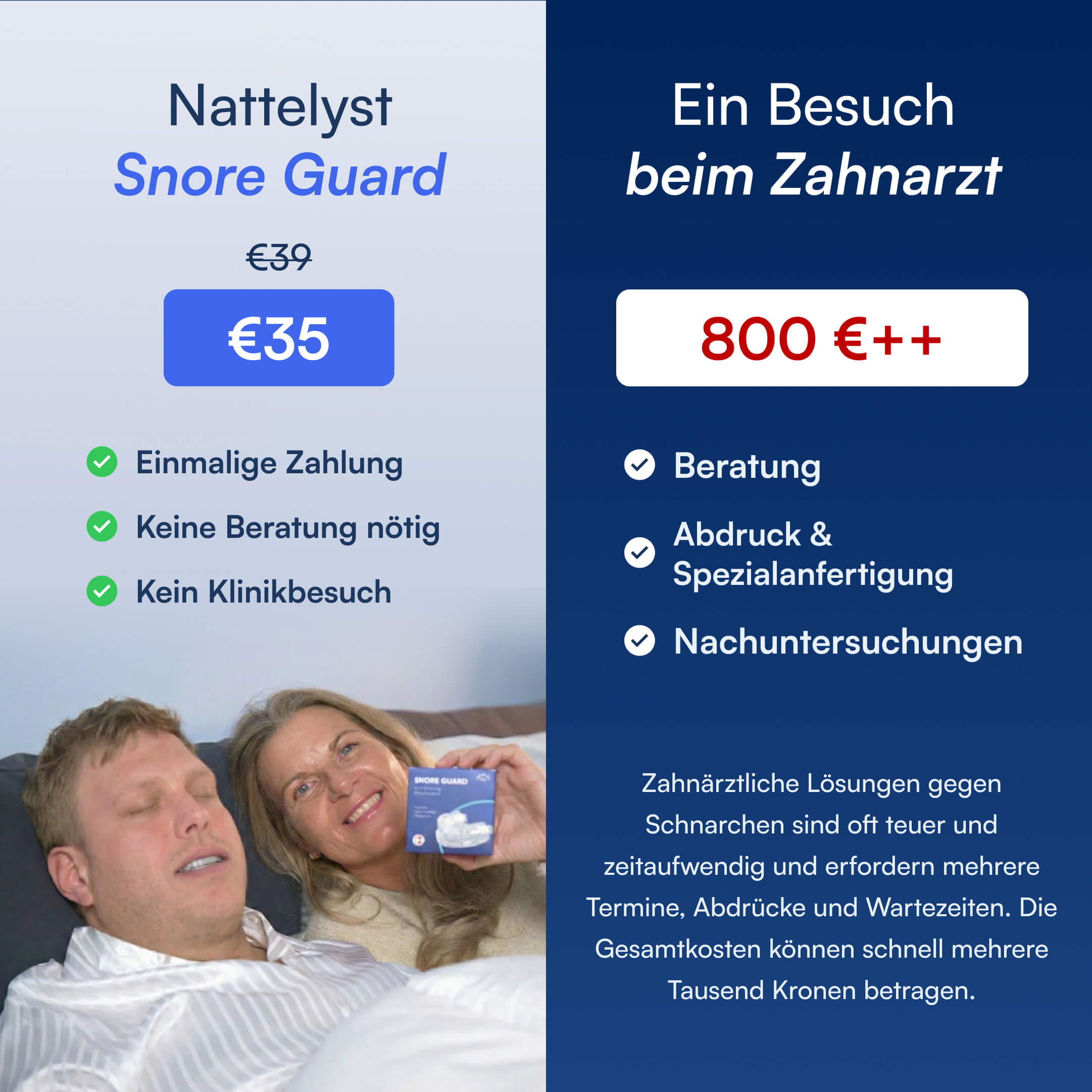 Paar entspannt im Bett, Frau zeigt Snore Guard-Packung; links Preis €35, rechts Zahnarztbehandlung 800€+