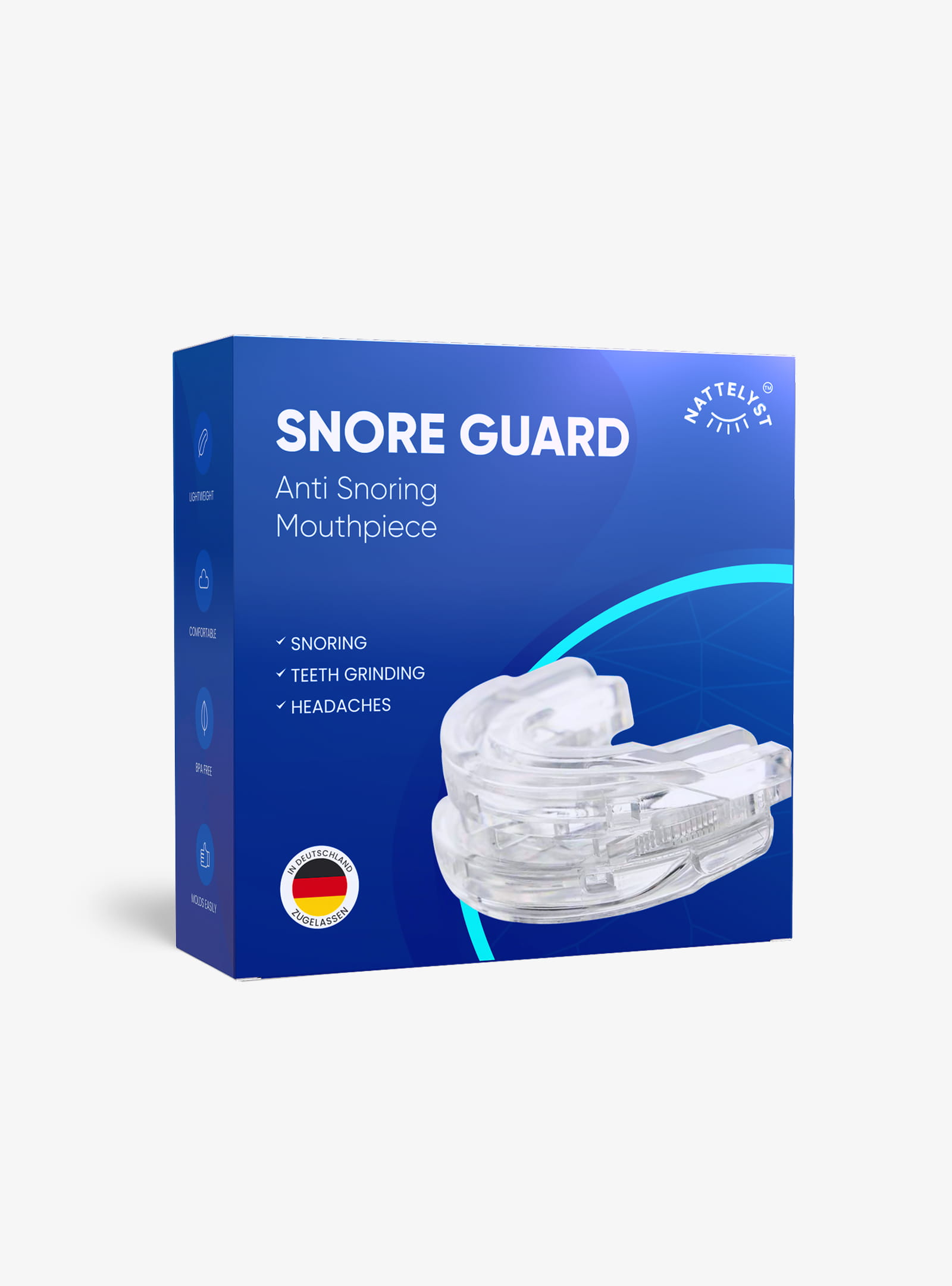 Blaues Produktpaket Snore Guard mit transparentem Anti-Schnarch-Mundstück und deutschem Zulassungsaufkleber
