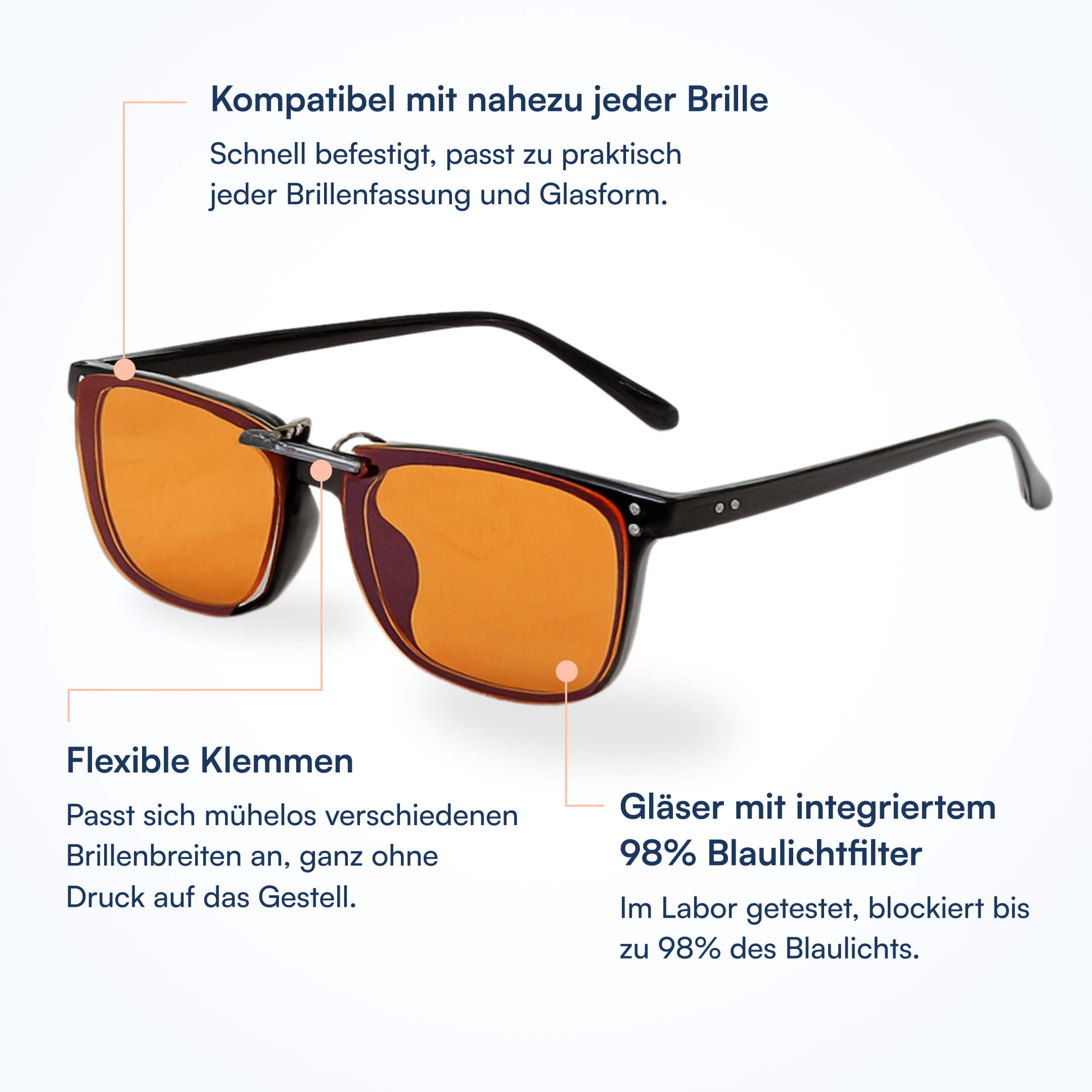 Orange getönte Clip-on-Gläser mit flexiblem Befestigungsclip an schwarzem Brillengestell