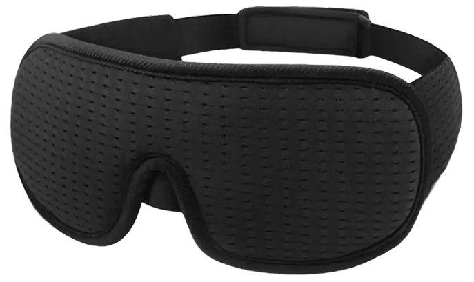 Schwarze gepolsterte Schlafmaske mit konturiertem Nasenbereich und verstellbarem Gummiband