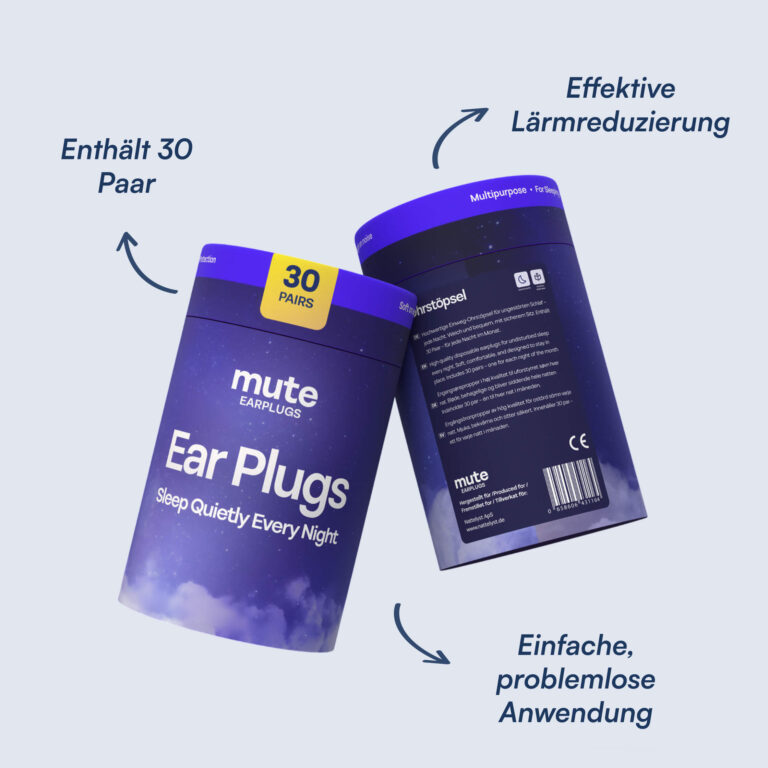 Zwei violette Verpackungszylinder der Marke Mute mit 30 Paar Ohrstöpseln und Hinweis auf effektive Lärmreduzierung