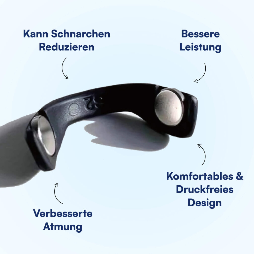 Schwarzes Band mit silbernen Magnetpunkten, Pfeilen und deutschem Produkttext auf hellblauem Hintergrund
