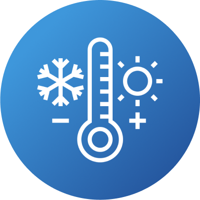 Blaues Symbol mit Thermometer, Schneeflocke und Sonne für Temperaturkontrolle sowie Wärme und Kälte