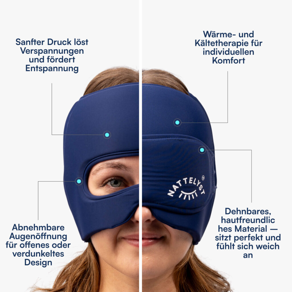 Person trägt blaue modulare Migränemaske, zweigeteilte Darstellung mit abnehmbarer Augenöffnung und Komfortmarkierungen