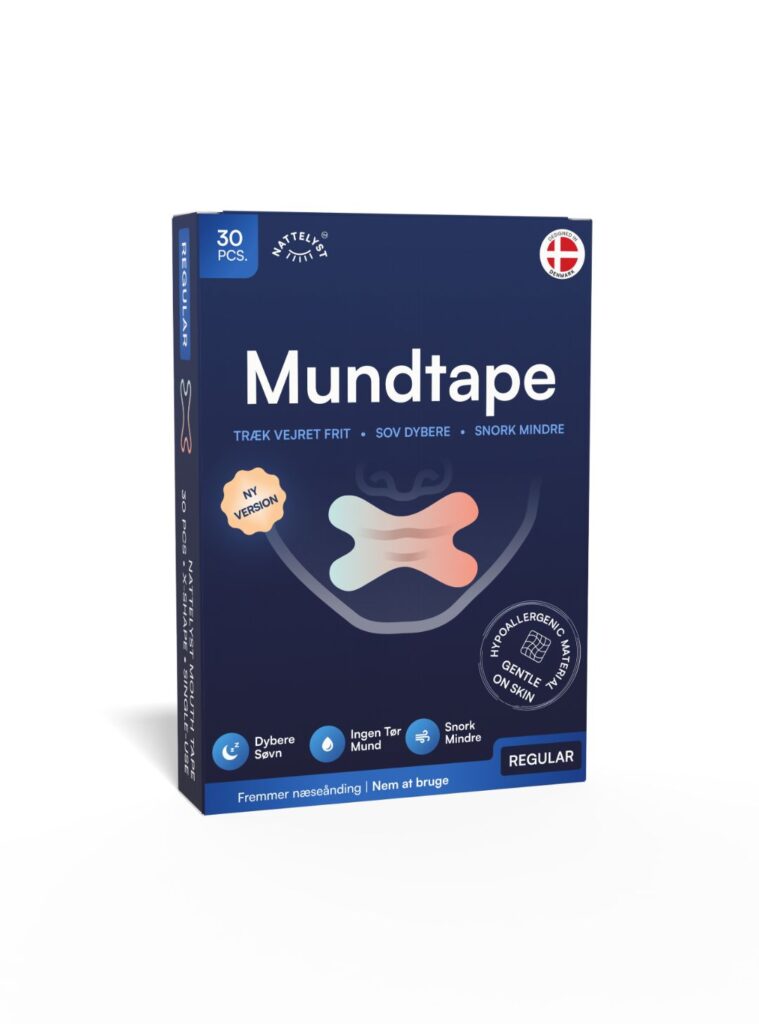 Blaue Schachtel Mundtape für den Schlaf, 30 Stück Regular, mit Tape-Illustration und Hinweisen zu tieferem Schlaf und weniger Schnarchen
