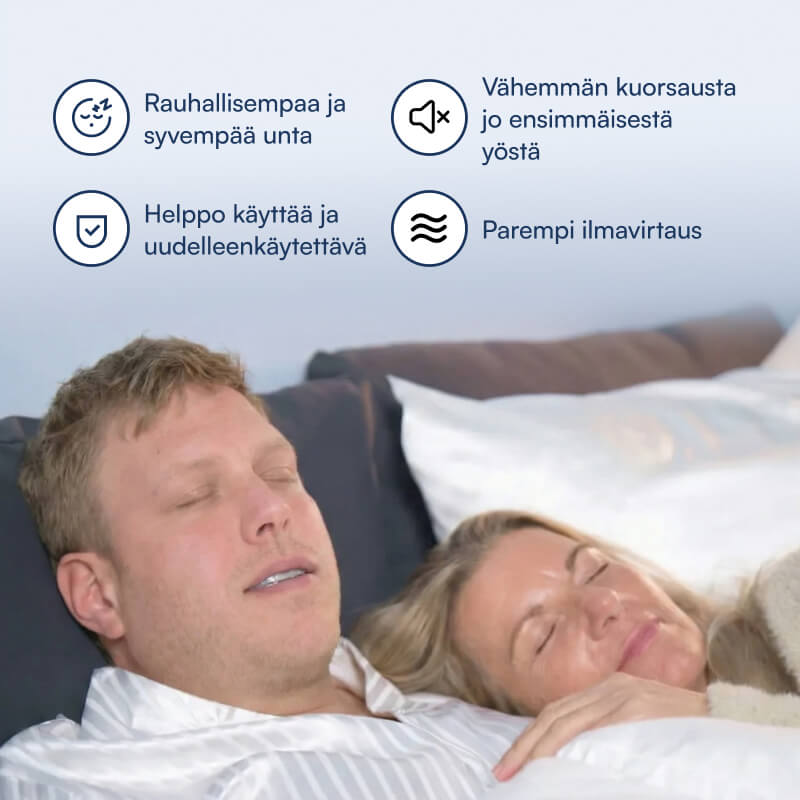Schlafendes Paar im Bett, Infografik mit Symbolen und finnischen Hinweisen auf weniger Schnarchen und besseren Schlaf