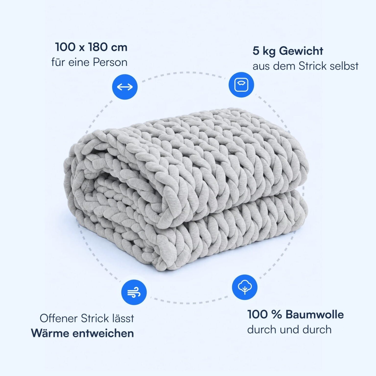 Nattelyst Gestrickte Gewichtsdecke: 100 x 180 cm, 5 kg Gewicht, 100 % Baumwolle