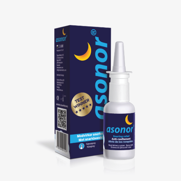 Asonor Nasenspray gegen Schnarchen in dunkelblauer Verpackung mit Mondlogo und Test-Winner-Siegel